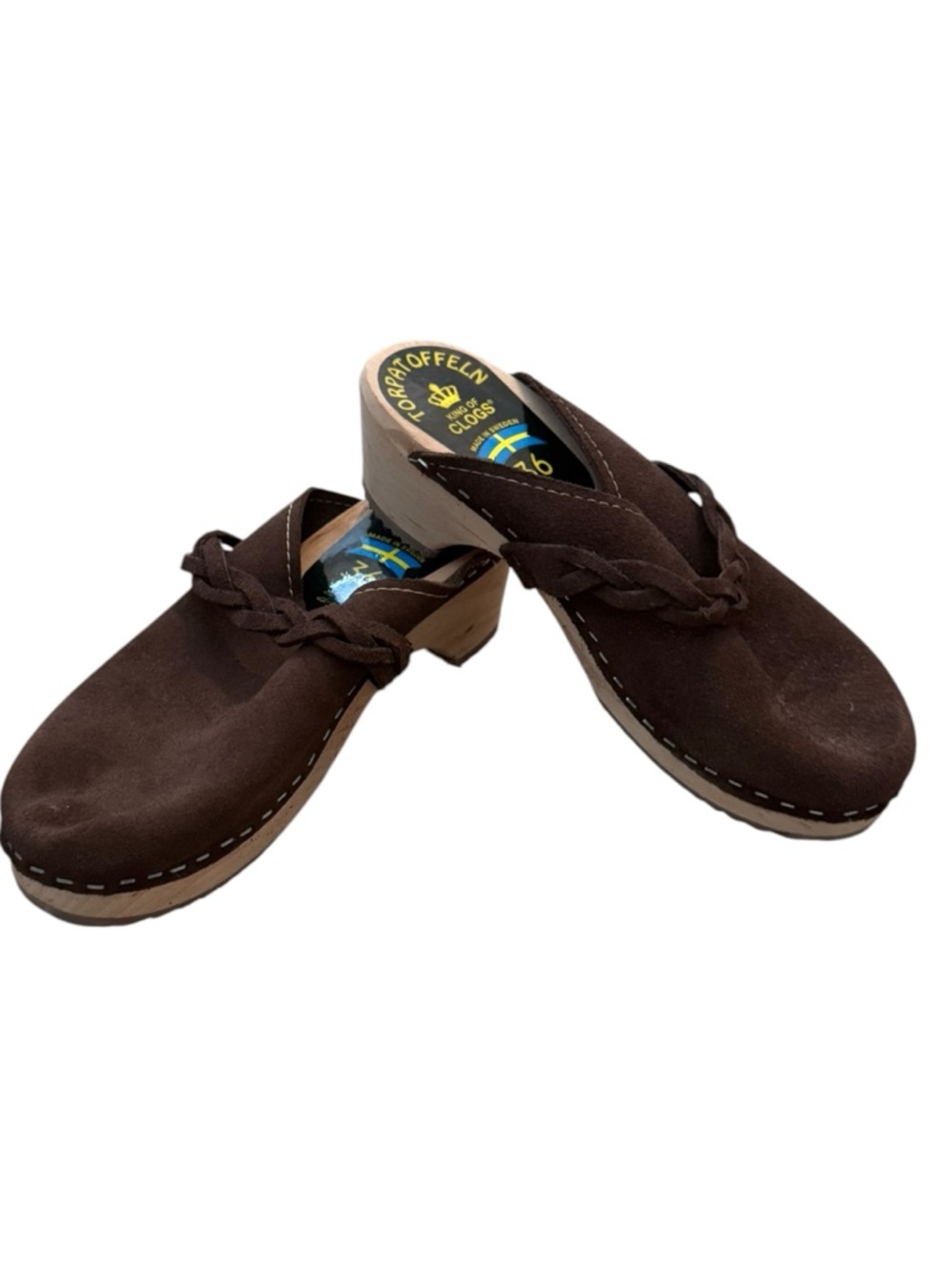 Torpatoffeln Brown Suede Braided Swedish Slip-On Clogs. EU 36.